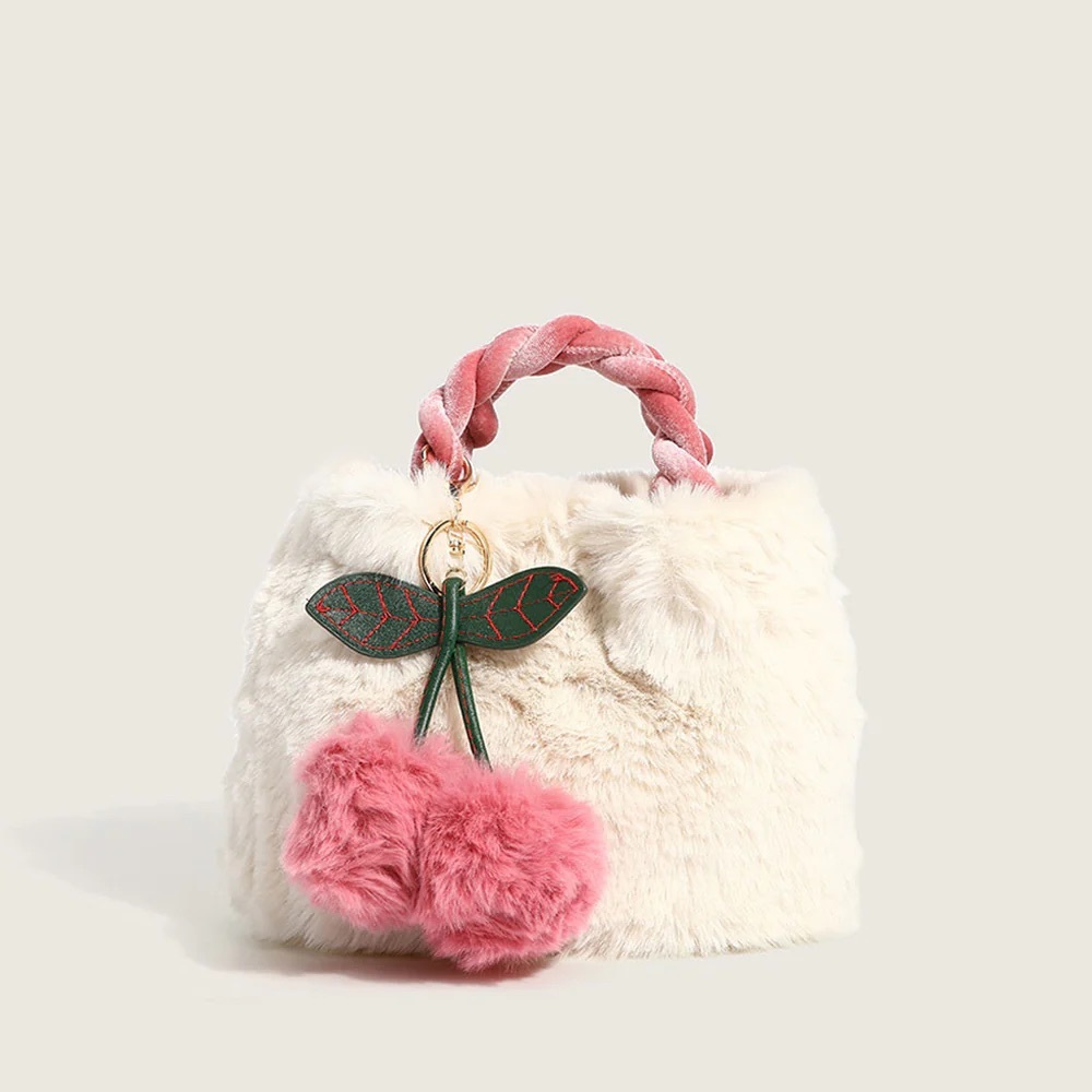 Cute Cherry Trim Twist Fluffy Tote Bag - White